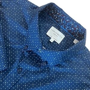 ConStruct 4 Way Stretch Shirt Men XXL Slim Navy Polka Dot Short Sleeve Button Up